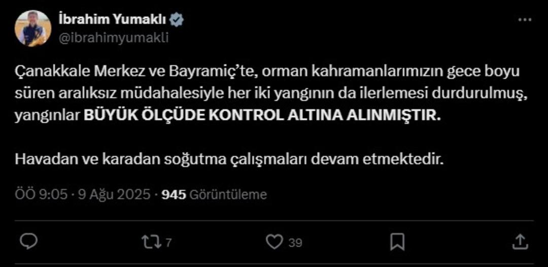 Çanakkale alevlere teslim olmuştu! Bakan Yumakli son durumu paylaştı: